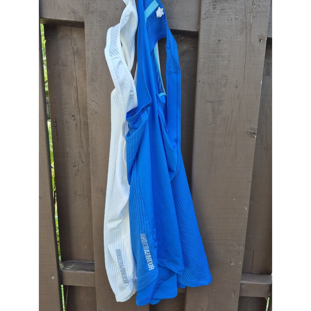 Under Armour Activewear Tank Women Size S Set Of 2 Blue And White Heat‎ Gear EUC